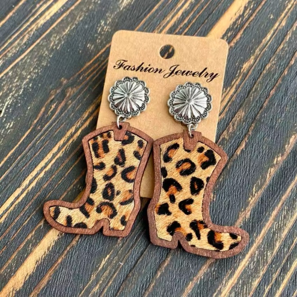Wood and Faux Fur Cowboy Boots Earrings Posts Women Western